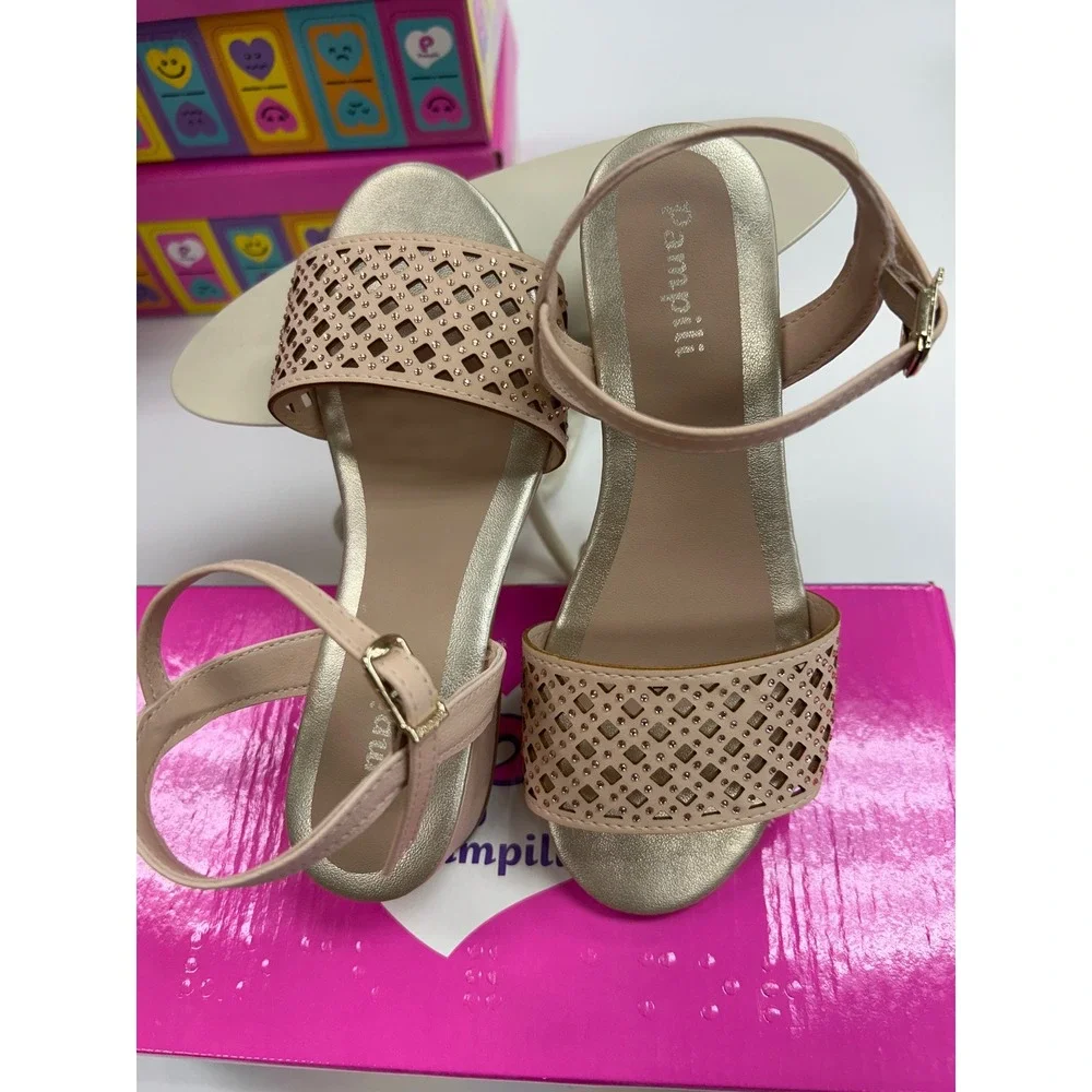 Pampili Girls Pink Laser Cut Rhinestone Dress Sandals Low Block Heel Metallic